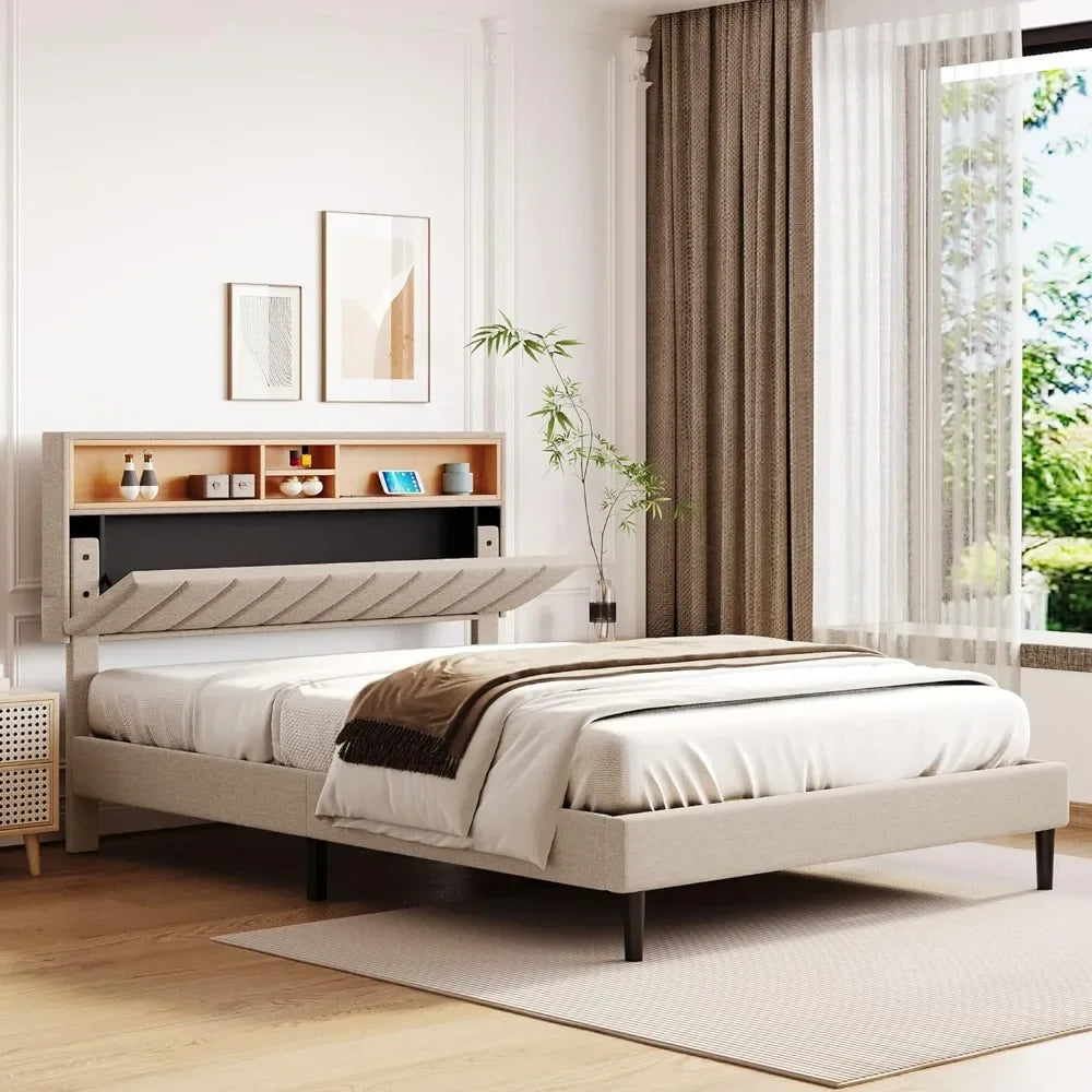 modern upholstered platform bed with storage headboard, grey