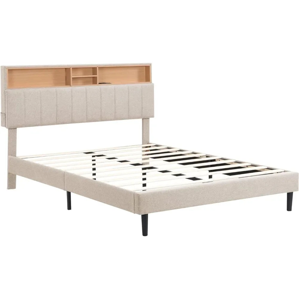 modern upholstered platform bed with storage headboard, grey