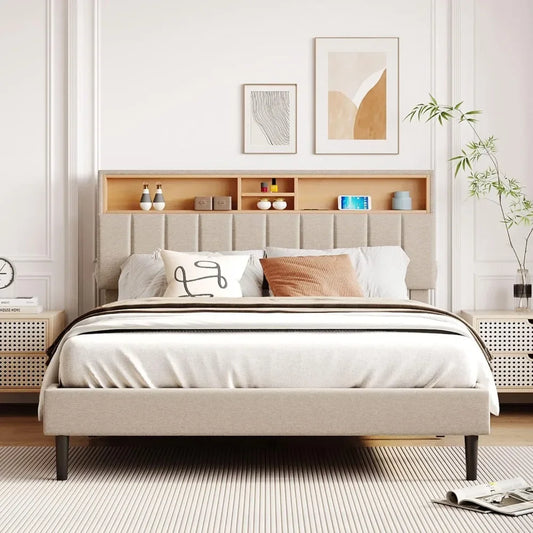 modern upholstered platform bed with storage headboard, grey